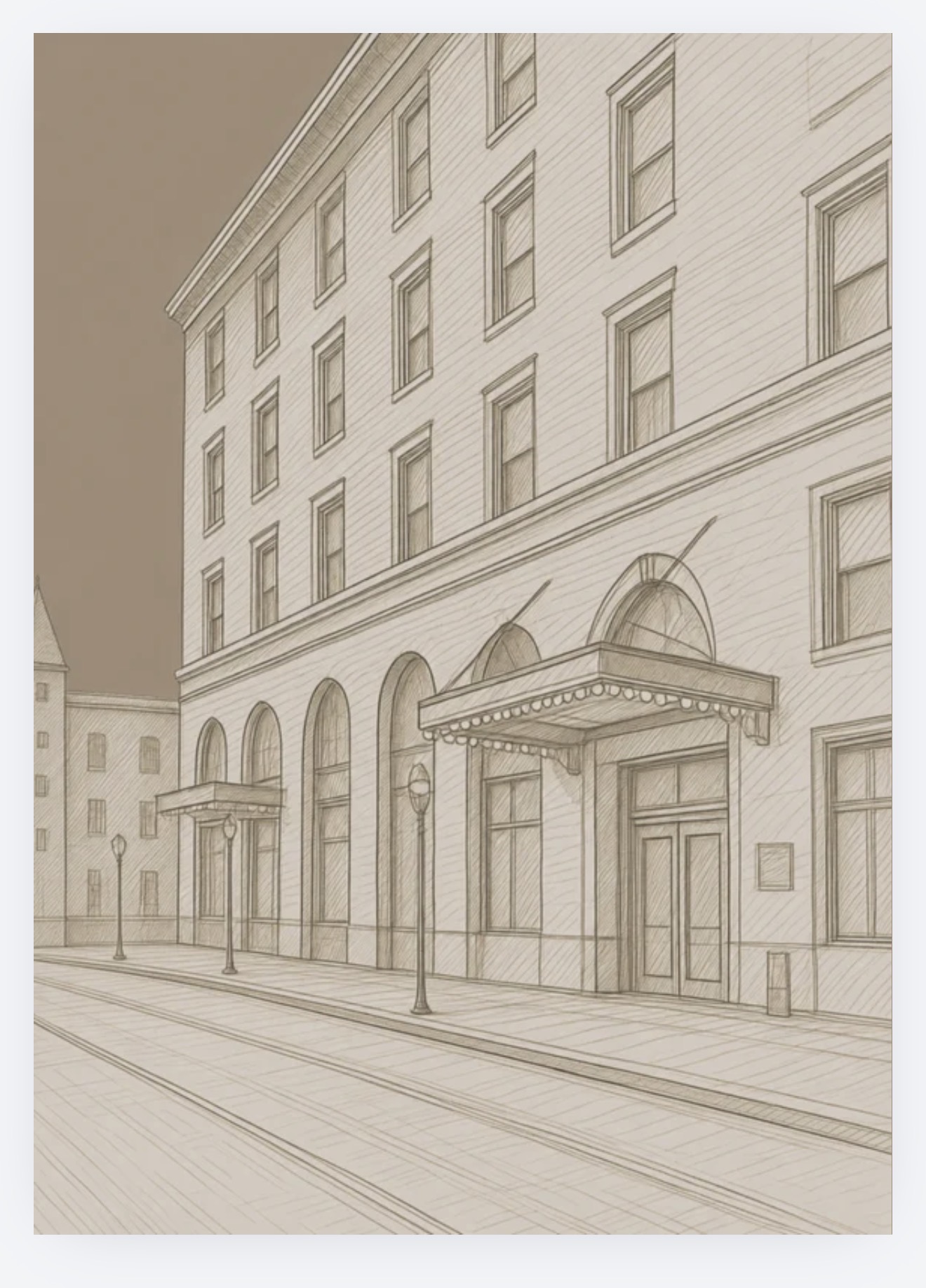 A hand-drawn pencil illustration of the Hotel Julien building, showing its classic architecture and ornamental entrance